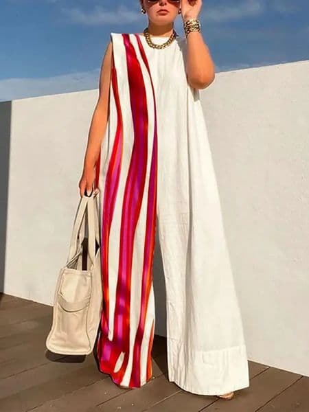 Missuoo Womens Cotton and Linen Jumpsuit Round Neck Sleeveless Striped Loose Onesie 2024 Summer Casual Streetwear Wide Leg Suit 240701