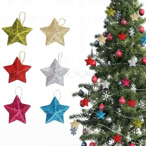 Gold Glitter Star Ornaments Christmas Tree 6/24pcs Pentagram Hanging Pendant Christmas Tree Decorations Stars Party Festive DIYM240709
