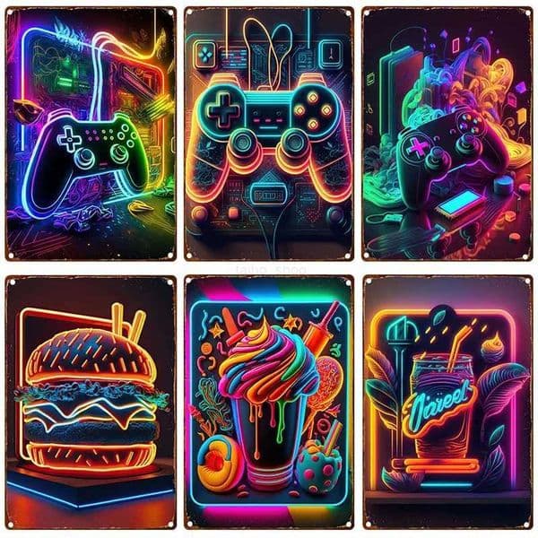 Neon Gaming Zone Metal Tin Signs Game Eat Sleep Food Painting Teens Bedroom Home Decor Men Cave Garage Plaques Wall Art PictureB240710