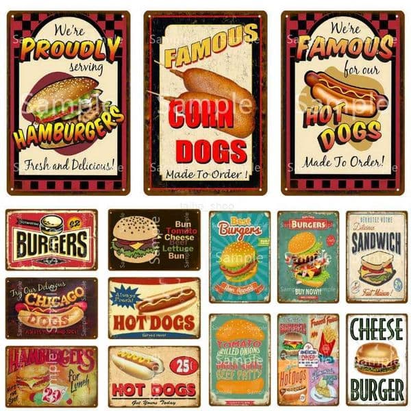 Cheese Burger Tin Sign Corn Dogs Vintage Metal Plaque Vintage Hamburgers Wall Decor For Kitchen Cafe Diner Metal Poster YK169 X260529