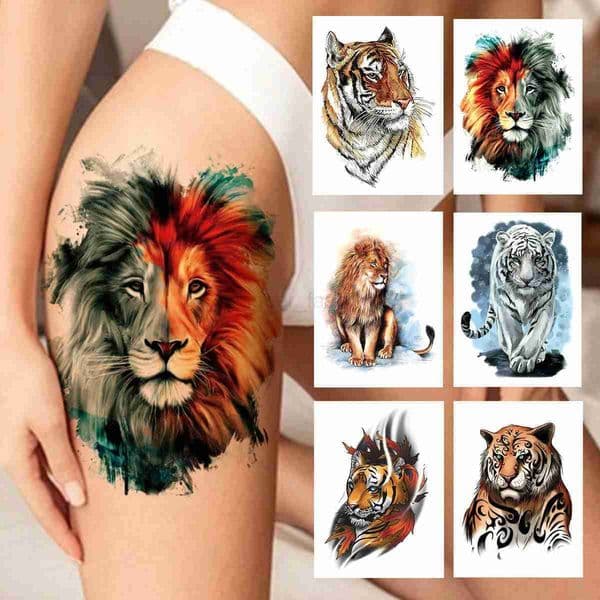 Watercolor Lion Tiger Temporary Tattoo For Women Men Atult Kid Realistic Fake Animal Tattoo Sticker Water Transfer Tatoos ThighB240711