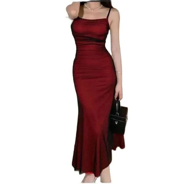 French Womens Sleeveless Bodycon Corset Maxi Dress Wine Red Spaghetti Strap Ruched Elegant Evening Party Long Vintage Dresses 240710