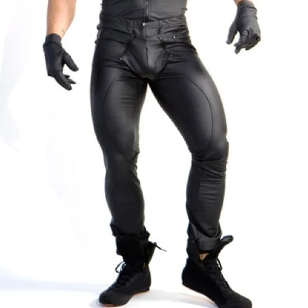 Mens Leather Pants PU Leather Trousers Wet Look Legging Skinny Pouch Open Pants Clubwear Tights Punk Clothing for Man 240712
