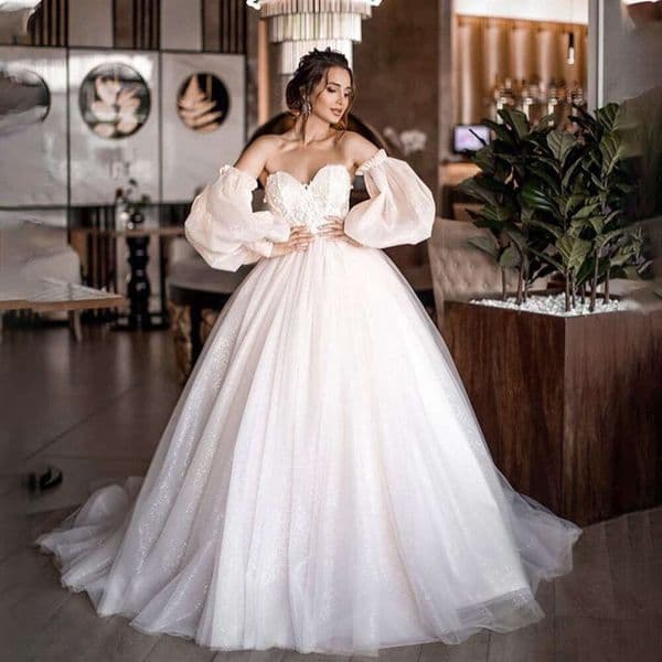 Ball New Gowns Detachable Puff Sleeves Glitter Wedding Dress Appliques Off Shoulder Tulle Boho Bridal Gown