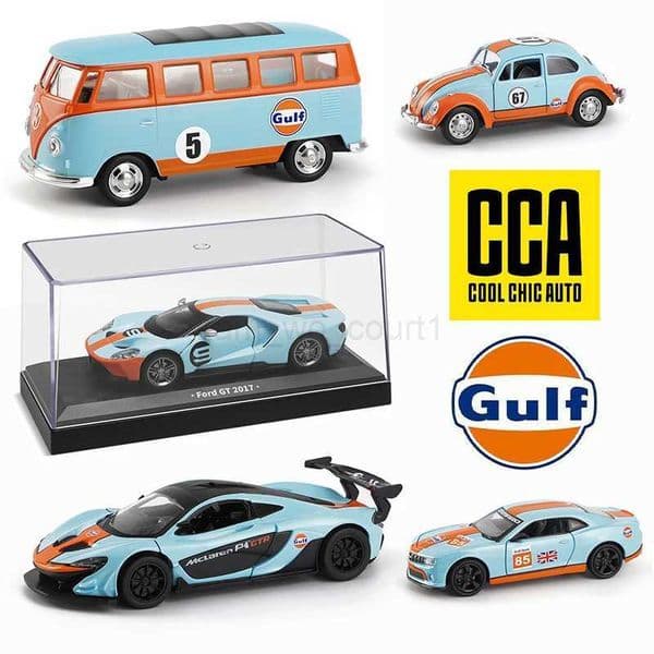 CCA 1 43 McLaren Beetle Ford GT Volkswagen Bus Gulf Oil Co branded Car Model Acrylic Box Metal Alloy Car Toy Gift SeriesM240717