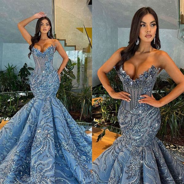 Crystal Sequined Beaded Mermaid Prom Dress Dia Strapless Formal Ocn Evening Dresses Custom Made 0228Lz