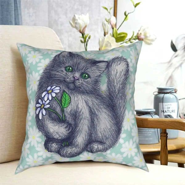 Cute Kitten With Daisies Square pillowcase Printed Zip Decorative Throw pillow Case Bed Cushion Cover 18M240717