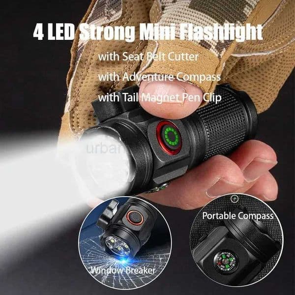 4*XHP LED Flashlight Mini Adventure Compass Torch 2000LM Portable Strong Lamp with Tail Magnet Pen Clip and Safety Belt CutterCL240718