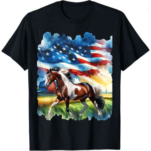 Free horse T shirt For Mens Womens Patriotic Country Paint Horse With American Flag T-Shirt Tee Tops Fashion clothes Summer Short sleeve Free shipping