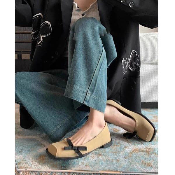 Retro square head shallow mouth Mary Jane shoes womens one foot stirrup bow single shoes versatile flat comfortable shoes-5985