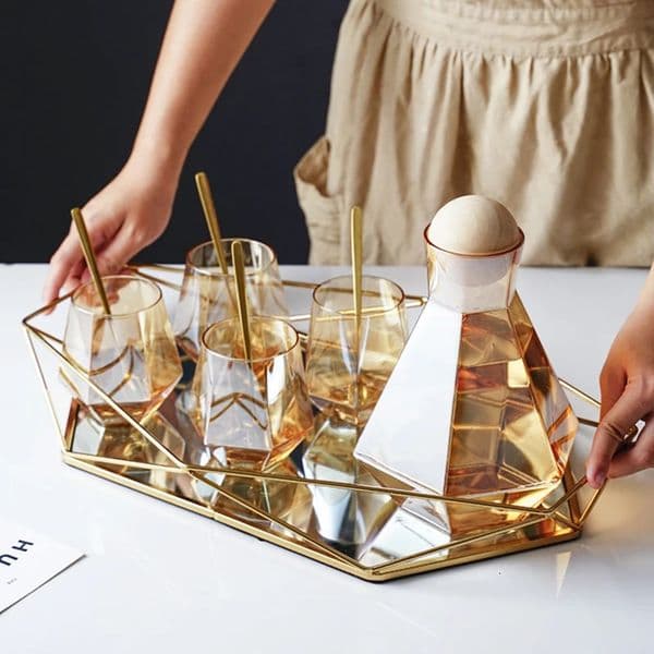 Vintage European Colorful Glass Metal Storage Tray Gold Oval Dotted Fruit Plate Desktop Small Items Jewelry Display Tray Mirror 240712