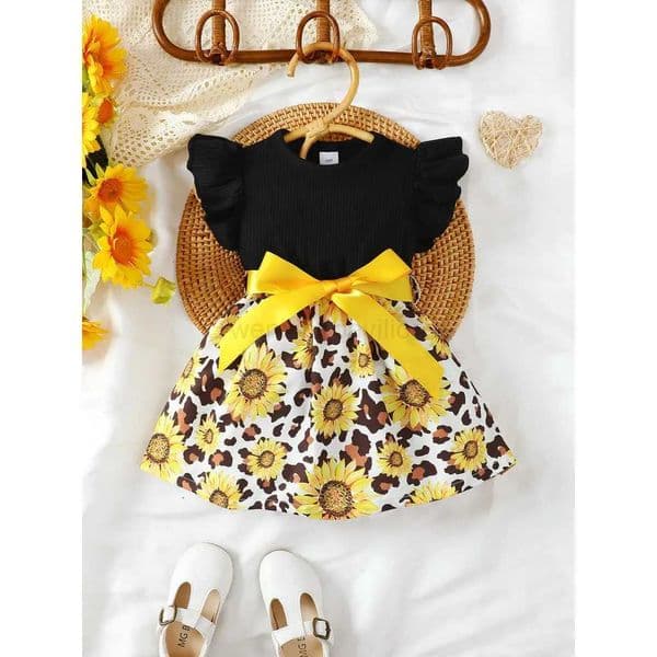 Summer Child Girl Fashion Dress Petal Sleeve Patchwork Sunflower Dress with Big Bow Birthday Party Costume for Kids 4-7 YearsXJ240720