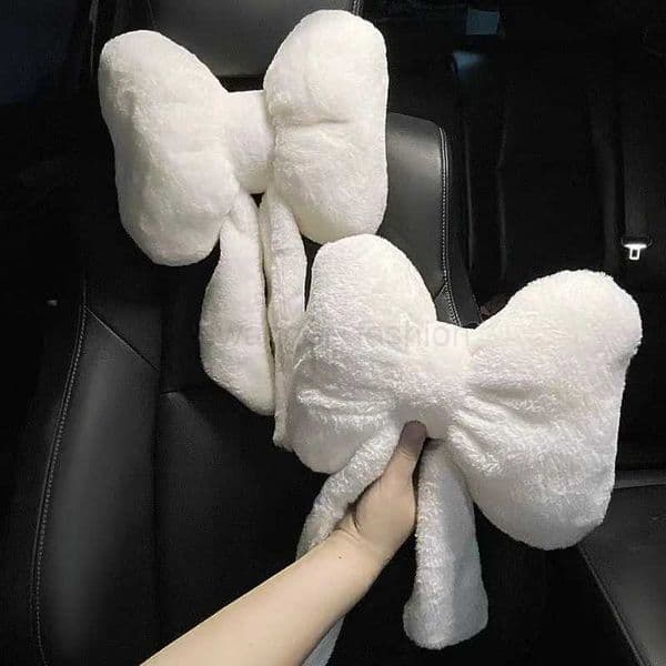 2pcs Bowknot Car Neck Pillow Cute Seat Headrest Cushion Plush Auto Lumbar Rest Car Kits Head Waist Support Cushion ComfortableB270720