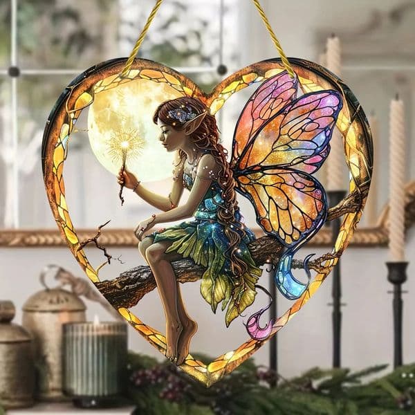 1 Pc Magic Fairy Hanging Decoration Acrylic Heart Wall Hanging Stained Glass Shape Perfect for Home and Garden Decoration 240715
