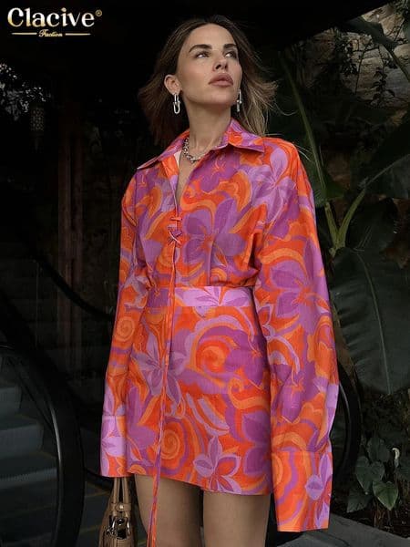 Clacive Fashion Loose Print 2 Piece Sets Women Outfit Elegant Long Sleeve Shirt With High Waist Mini Skirts Set Streetwear 240713