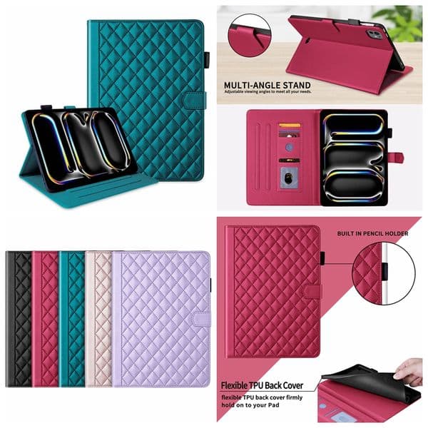 Romboid Pattern PU Leater Wallet Cases For Ipad 2024 Pro 11 10.2 10.5 5 6 7 8 2 9.7 10 10.9 Air 13 12.9 Plaid Grain Credit ID Card Slot Holder Stand Flip