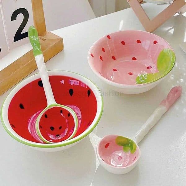 Watermelon Bowl Spoon Childrens Cute Rice Bowl Soup Bowl Tableware Large Ceramic Ice Cream Scoop Ramen Soup SpoonsB270723