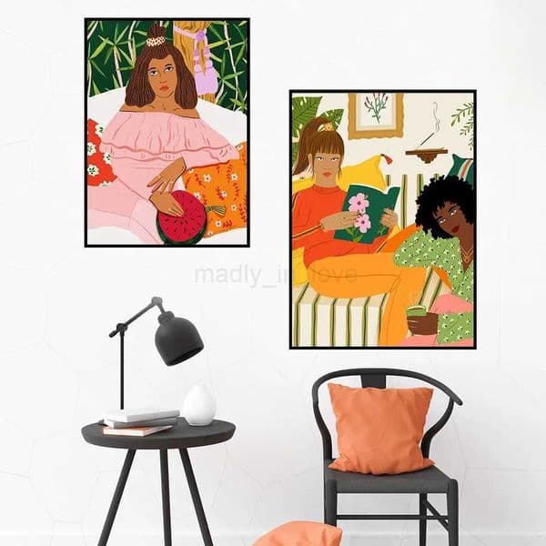 Vintage Abstract Colorful Girl Dog Flower Wall Art Canvas Painting Nordic Posters And Prints Wall Pictures For Living Room DecorM240722