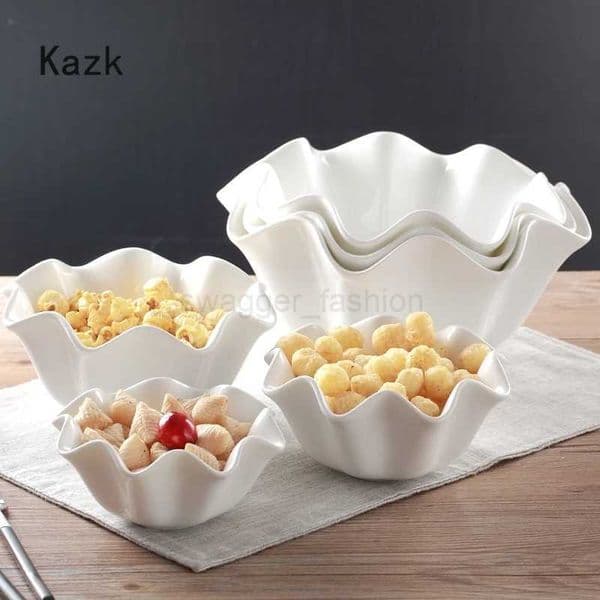 Creative Wave Edge Ceramic Bowl Korean Style Simple White Frosted Household Tableware Dessert Ice Cream Serving Bowls Salad BowlB270723