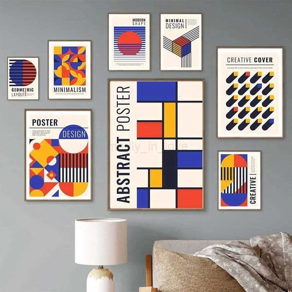 Mid Century Abstract Bauhaus Geometric Line Retro Canvas Painting Nordic Posters and Prints Wall Art Pictures Living Room DecorM240722