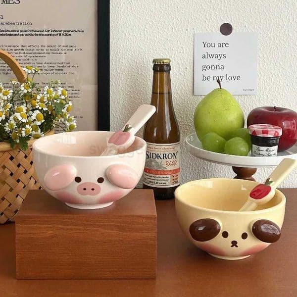 Kawaii Animal Ceramic Bowl Household Soup Bowl Cute Tableware Set Couples Breakfast Oatmeal Milk Bowl Microwave SafeB270723