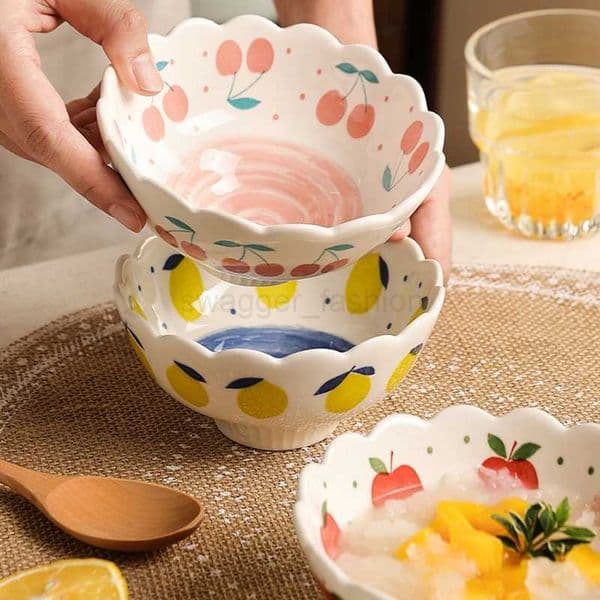 4.8 INCH Lovely Kids Bowl Ceramic Cherry Design Rice Ice-cream Bowl Dessert Serving Bowl Baking Tray 2 piecesB270723