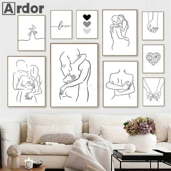 Print Couple Wall Art Canvas Painting Line Drawing Couple Hand Love Kiss Posters And Prints Nordic Pictures Living Room DecorM240722