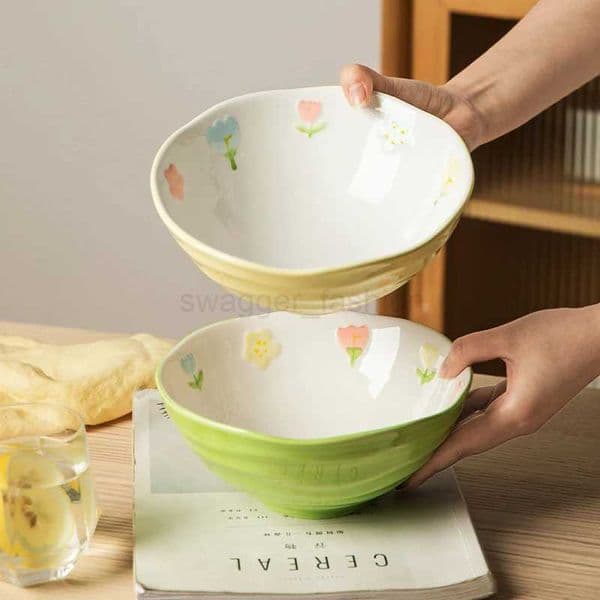 Ceramic Bowl with Fresh Flower Design Home Use Large Noodle Bowl INS Style Dishware Large Bowl for Noodles and SaladB270723