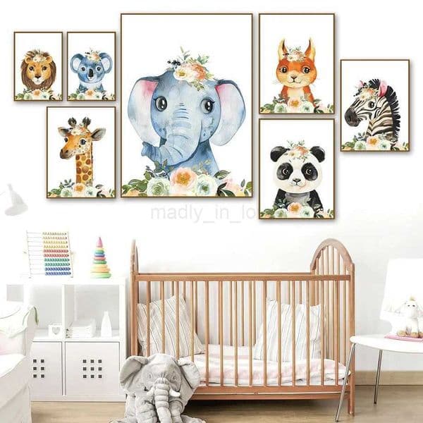 Lion Giraffe Elephant Zebra Panda Watercolour Wall Art Canvas Painting Nordic Posters And Prints Wall Pictures Kids Room DecorM240722