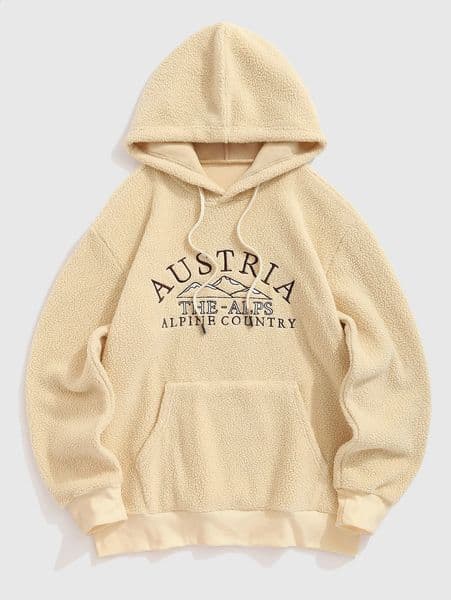 Mens AUSTRIA Mountain Embroidered Kangaroo Pocket Fuzzy Fleece Pullover Hoodie 240722