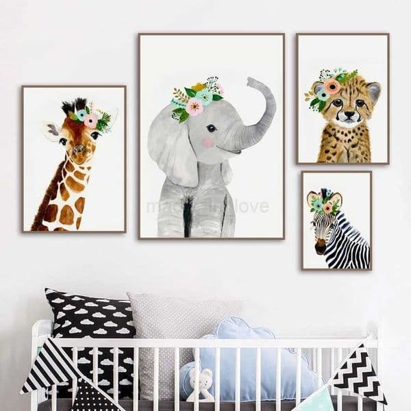 Flower Giraffe Elephant Leopard Zebra Animals Nordic Posters And Prints Wall Art Canvas Painting Wall Pictures Kids Room DecorM240722
