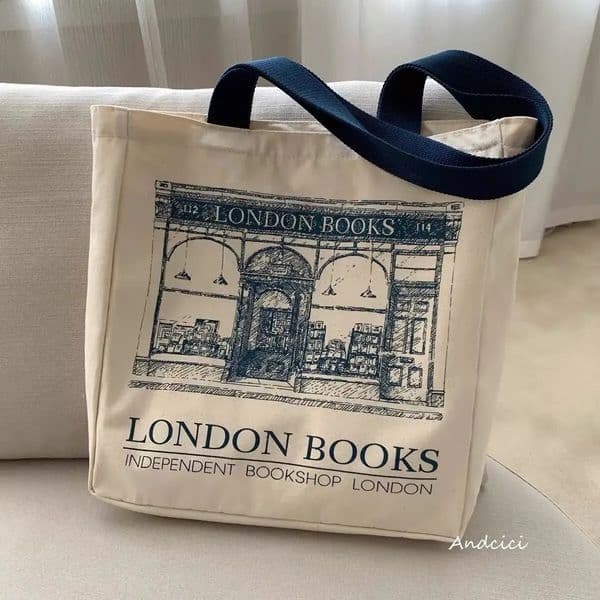 Women Canvas Shoulder Bag London Books Print Ladies Casual Handbag Tote Bag Reusable Large Capacity Cotton Shopping Beach Bag 240722