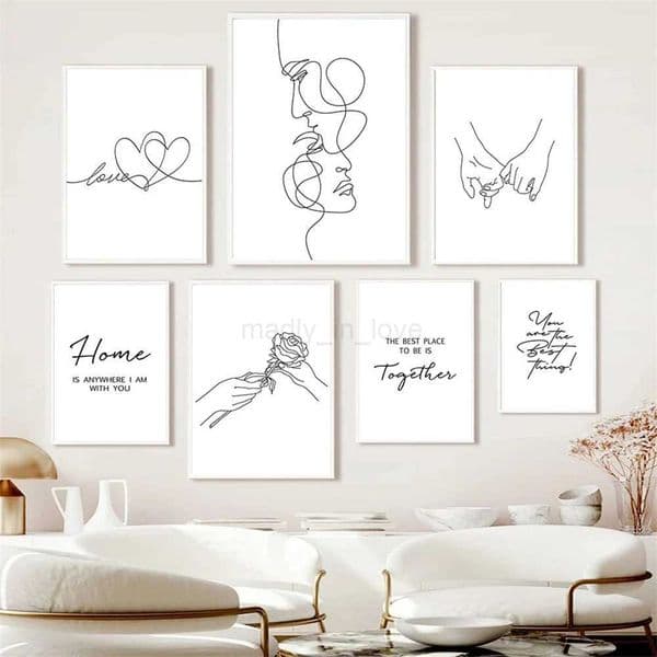 Abstract Line Heart Couple Holding Hands Love Wall Art Canvas Painting Nordic Posters And Prints Wall Pictures Living Room DecorM240722