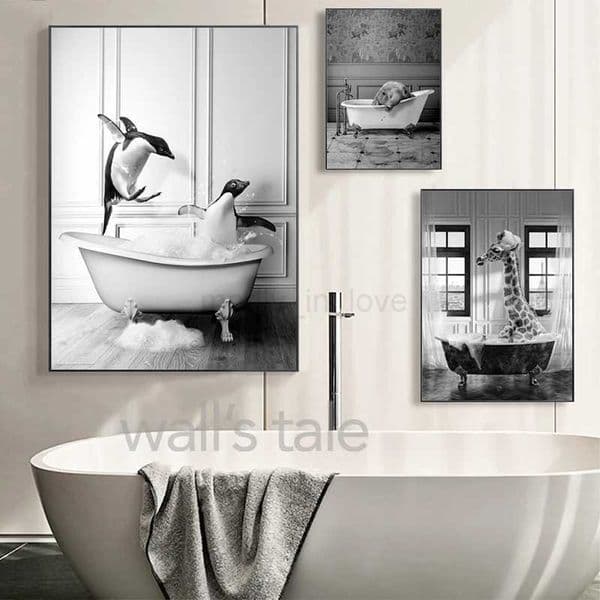 Black and White Animals Bathroom Photo Wall Art Pictures Giraffe Elephant Funny Posters Canvas Painting Prints Bathroom DecorM240722