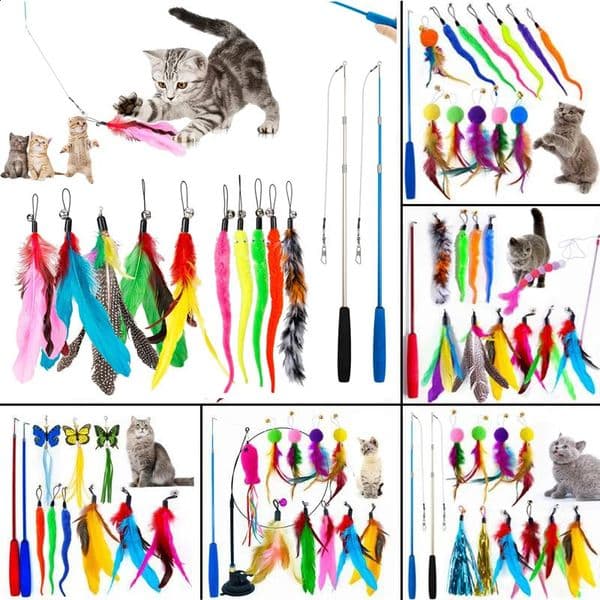 Cat Interactive Toy Feather Teaser Stick Wand Pet Retractable Feather Bell Refill Replacement Catcher Product for Cat Exercise 240724