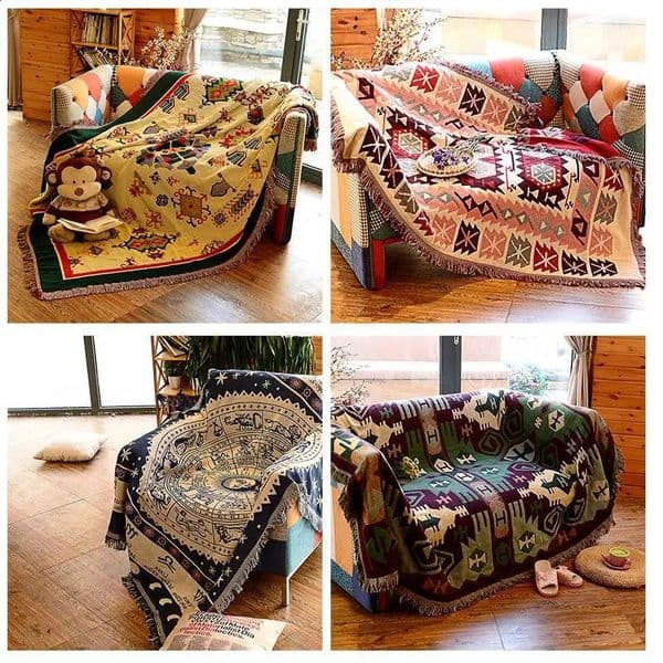 American Double-sided Sofa Towel Cushion Boho Blanket Nordic Pure Cotton Non-slip Full Cover Geometric Knitted Thread Blanket 240717