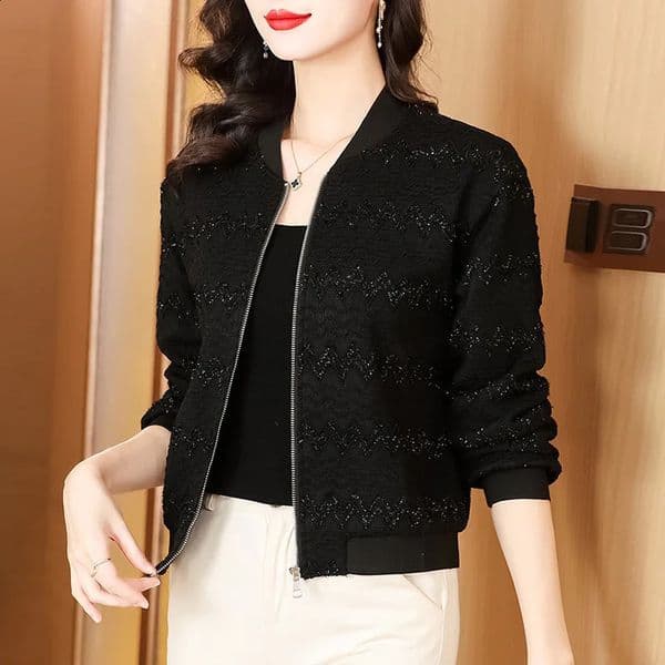 #5363 Black Baseball Jacket Women Zipper Slim Short Coat Ladies Stand Collar Vintage Outerwear Womens Jackets And Coats Slim 240723