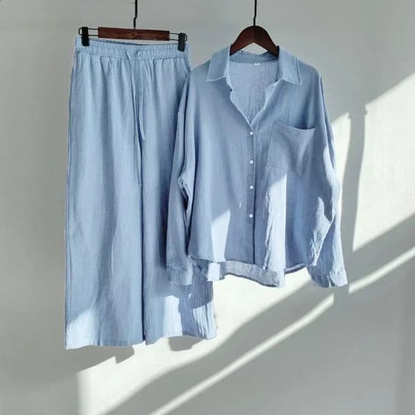 Cotton Linen 2 Sets Long Sleeve Shirts Wide-leg Summer Women Two Piece Set Suits Full Length Pants for Women 26M0316
