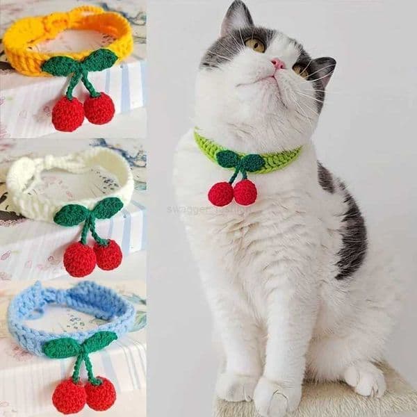Pet Collar Handmade Knitted Cat Collar With Cherry Decor Cute Cat Necklace Cat Supplies para gatos accesoriosL240725L240725