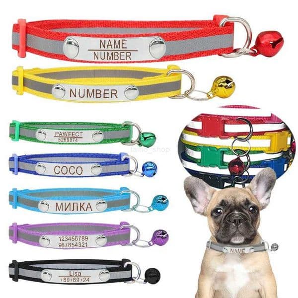 Personalized ID Dog Collar Reflective Adjustable Nylon with Bell Custom Engraving Puppy Kittens NecklaceL240725