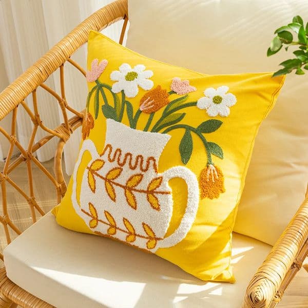 Elegant yellow pillow case Vase Flower Cushion Cover Sofa Pillowcase 45x45cm Throw Cotton Decorative Pillowcover 240725