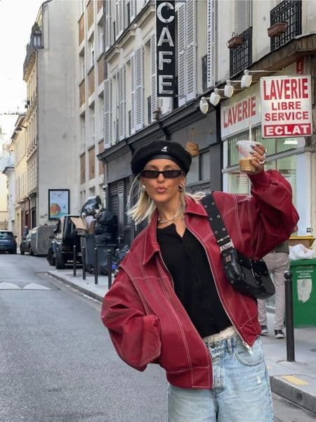 Women Red Lapel Zipper Leather Cropped Coat Autumn Casual Long Sleeve Patchwork Jacket Winter Fashion Office Streetwear 240715