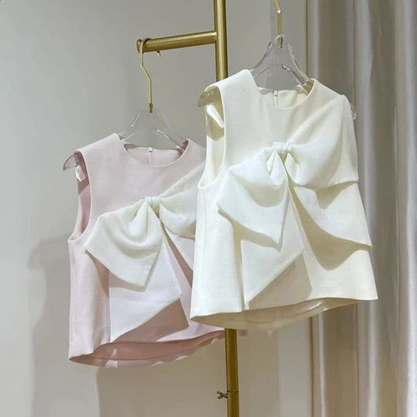 Summer Vintage Small Fragrance Bow Sleeveless Tank Top Women O Neck Chic Vest Korean Fashion Female Tops 240719