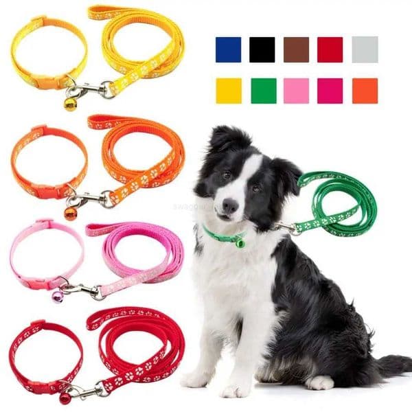 Puppy Collar Set Adjustable Cat Traction Rope Dog Paw Print Pet Traction Rope with Collar Walking Leads Cat AccessoriesL240725