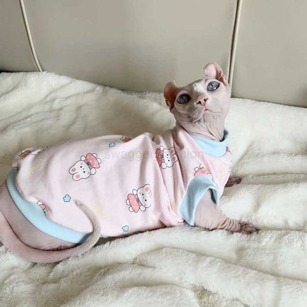 Sweet Cotton Shirt for Sphynx Female Cat Clothes Soft Pink Short Sleeves Vest for Kittens Cute Rabbit Cartoon Coat for Devon RexB270726