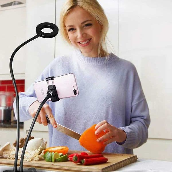 Flexible Desk Mobile Phone Holder Monopod Mount Bracket with LED Ring Flash Light Lamp Tabletop Stand Tripods for Video BloggersM240725