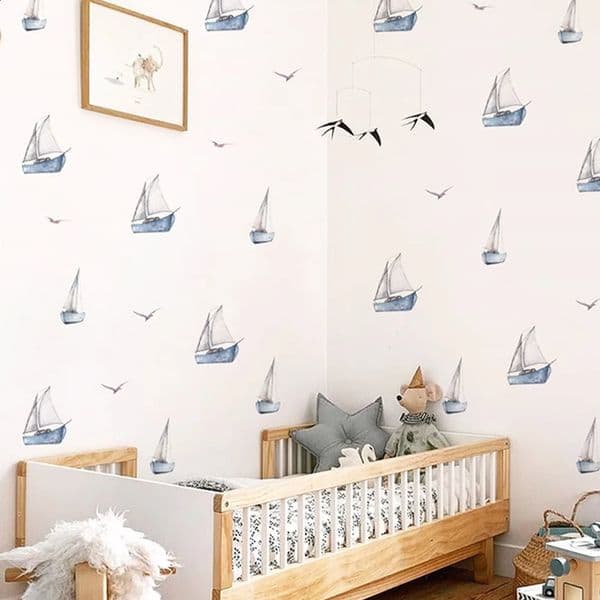 Watercolor Sailboat Wall Stickers Waterproof Peel Stick Nursery Decal for Boys Kids Room Decoration Home Decor 240727
