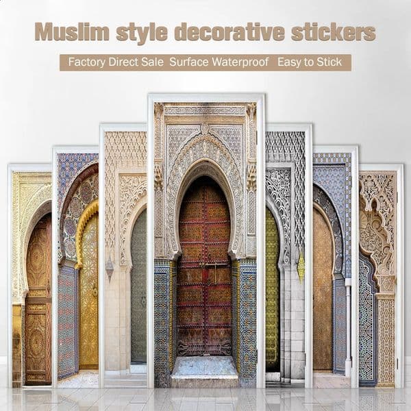2pcsset Muslim Islam Style Retro Door Art Mural Sticker Corridor Wardrobe Decorative Painting Peel Stick Waterproof Wallpaper 240727