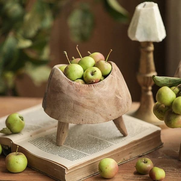 Paulownia Wooden Round High Foot Small Tray Snack Plate Retro Old Countryside Style Living Room Tea Table Sugar Fruit Plate 240712