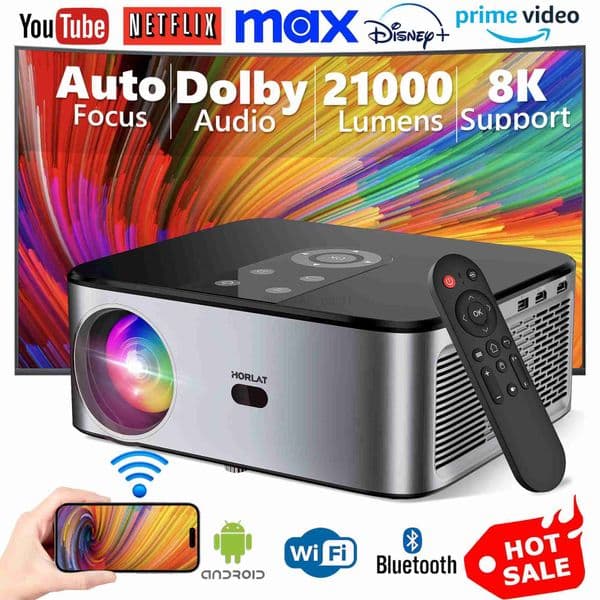 HORLAT T03 New 800 Ansi Android Beamer 4K Projector Full HD 1080P 8K Video Dolby Audio Home Theater Auto Focus Keystone 5G WiFiM240729